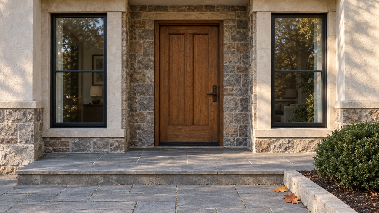 Oak front door flanked by tall black-framed windows, surrounded by gray-brown stone and ivory stucco above a weathered bluestone landing.
