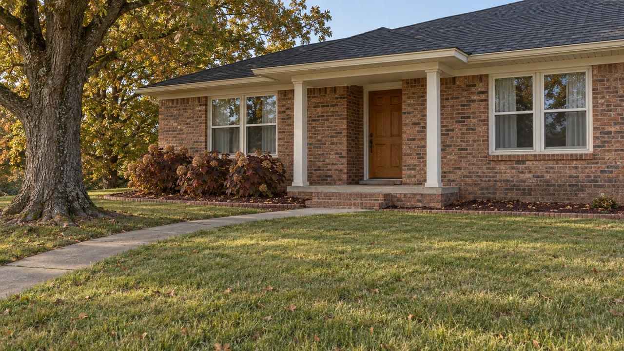 A well-kept brick ranch beyond a broad autumn lawn, with a mature oak, cream-framed windows and a shaded front entrance.