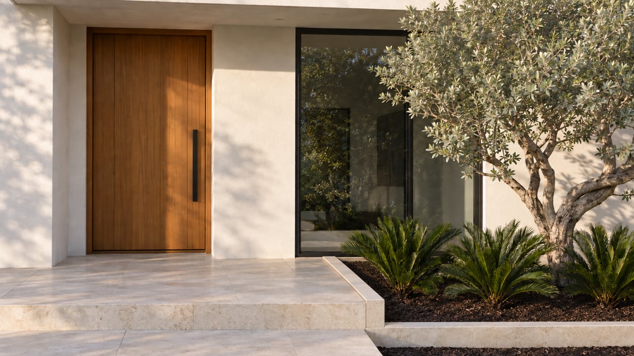 Limestone entry landing beside a mulched planting bed, with coonties, a glazed window, and stucco walls.