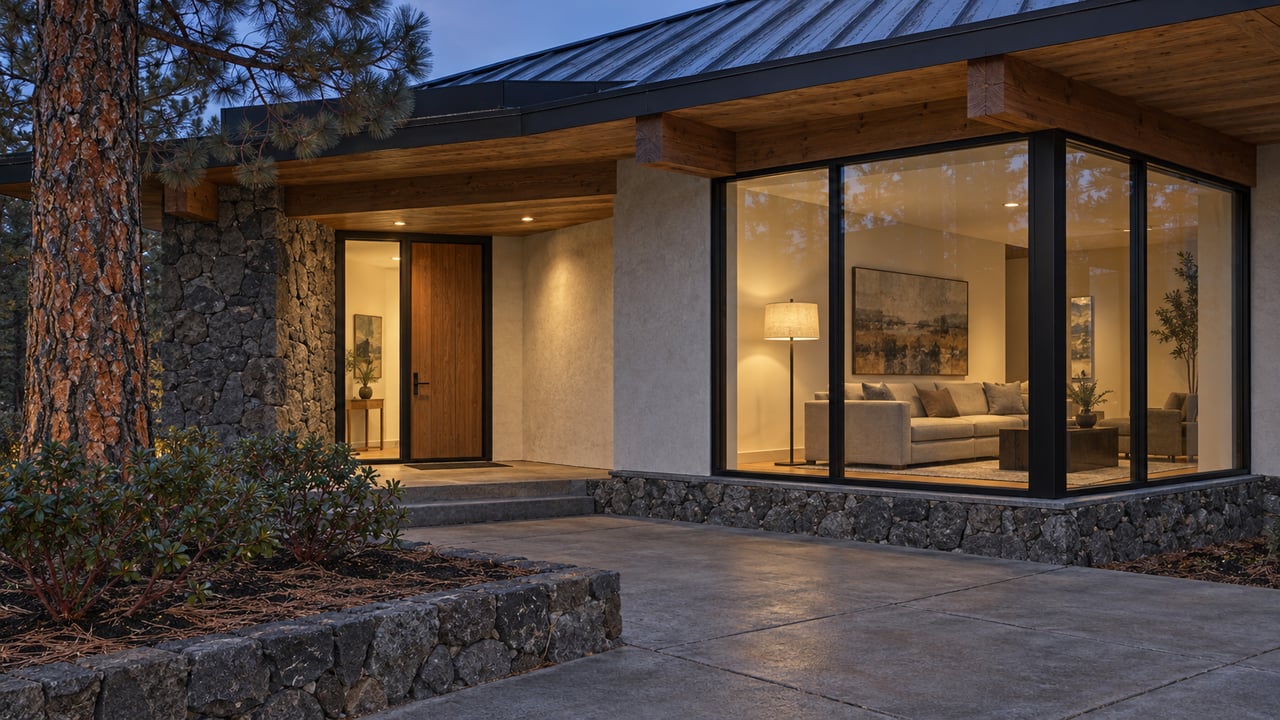 Timber, cream stucco and volcanic-stone home at dusk, with warm enclosed windows and a clean concrete approach beside ponderosa pine and manzanita.