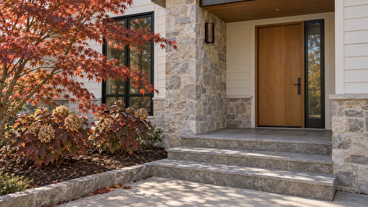 Autumn maple beside a covered home entry with white siding, pale stone, an oak door, and broad gray steps.