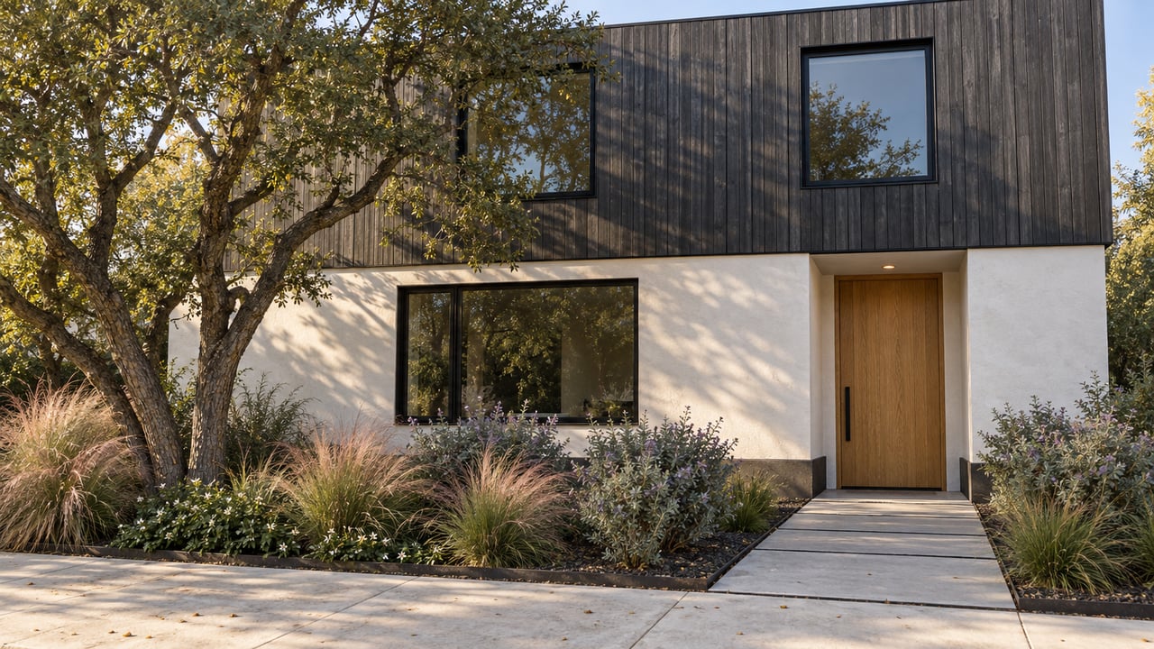 Compact two-story infill house with charcoal cedar siding, white stucco, and a tree-shaded front court.