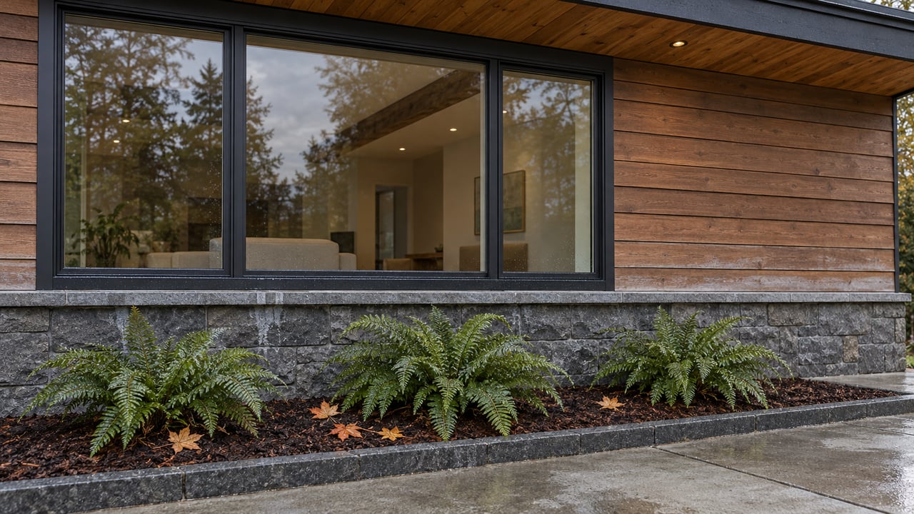 Rain-speckled picture window beneath a timber overhang, with weathered cedar siding, a basalt base, and sword ferns beside a concrete approach.