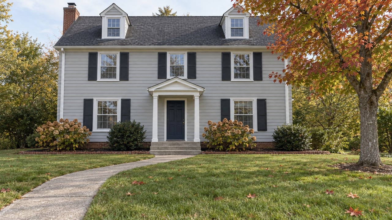 Gray-sided traditional home with white dormers, paired dark shutters, a deep front lawn, and a red maple beginning to turn in autumn.