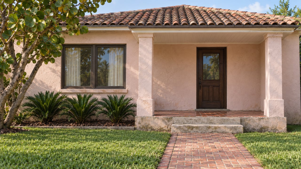 Blush stucco cottage with a clay tile roof, raised covered porch, brick walk, sea grape tree, and coontie planting.