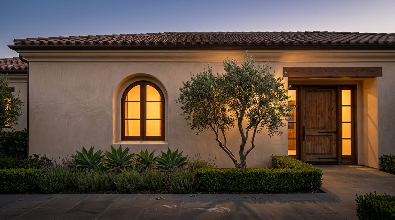 Spanish-style stucco home at dusk, amber-lit arched window, timber entry, tiled roof and olive tree.