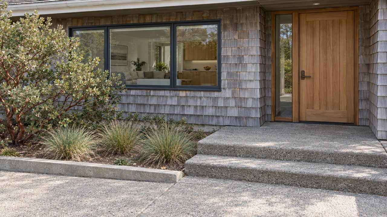Silvered cedar siding, a timber entry door and broad window above a concrete approach bordered by a sculptural manzanita and red fescue.