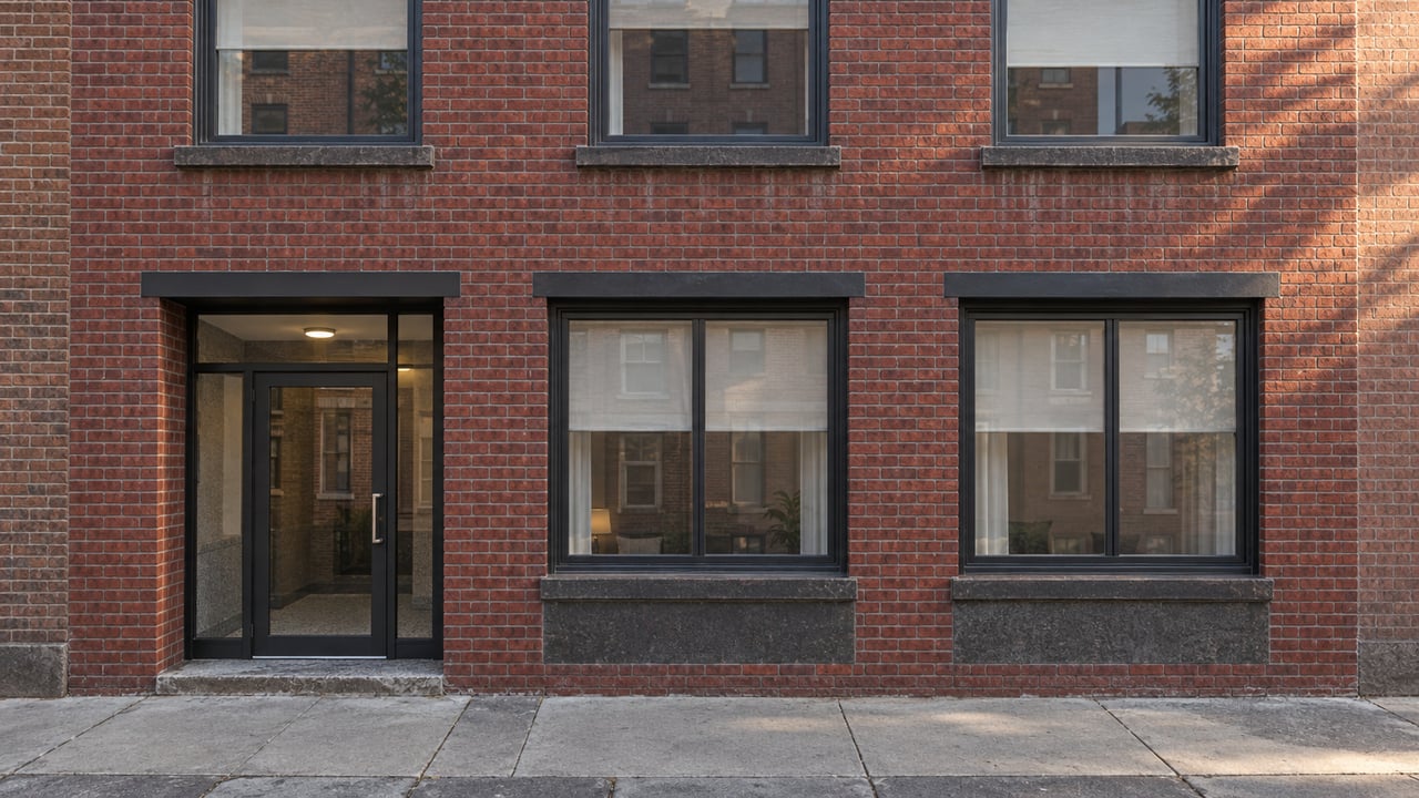 Red brick apartment facade with dark-framed windows, recessed glass entrance and worn concrete sidewalk in afternoon light.
