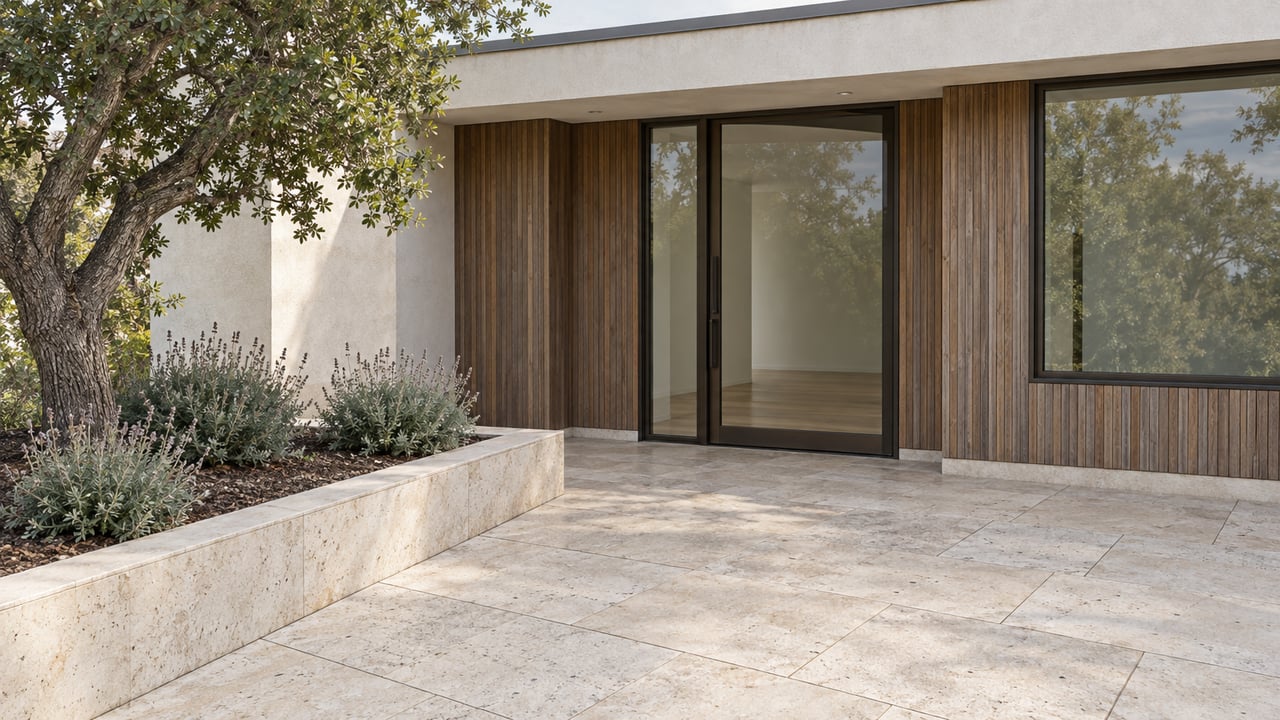 Contemporary home entrance with pale limestone paving, warm stucco, weathered cedar and an oak in a raised stone planting bed.