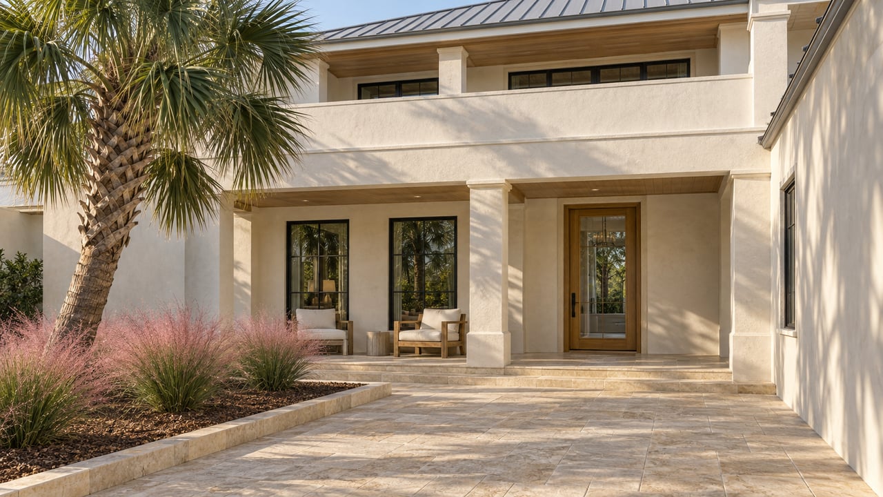 An ivory two-story home with a broad balcony, black-framed windows, limestone courtyard, and a mature palm in warm afternoon light.