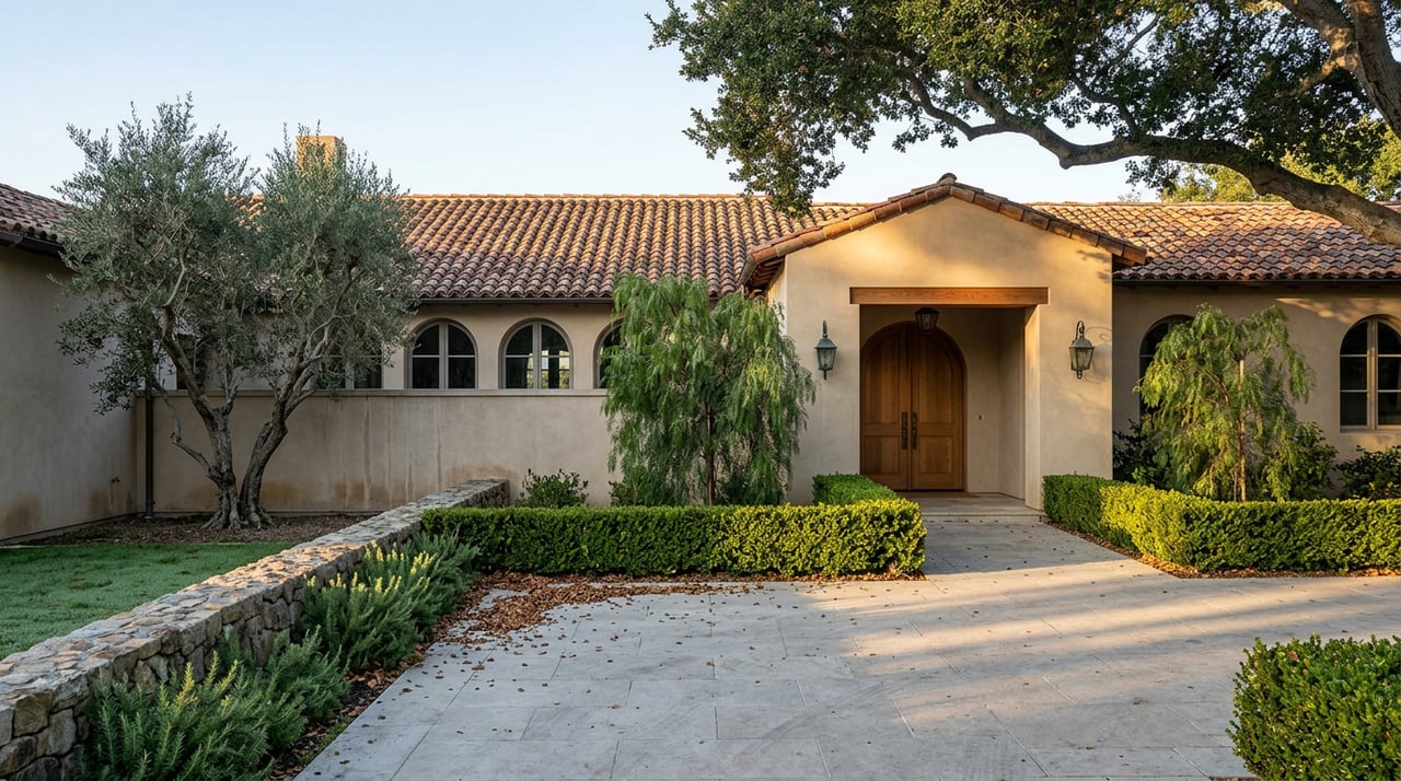 Spanish-Mediterranean estate with arched oak entry, barrel-tile roof, and mature oak canopy above a limestone motor court.