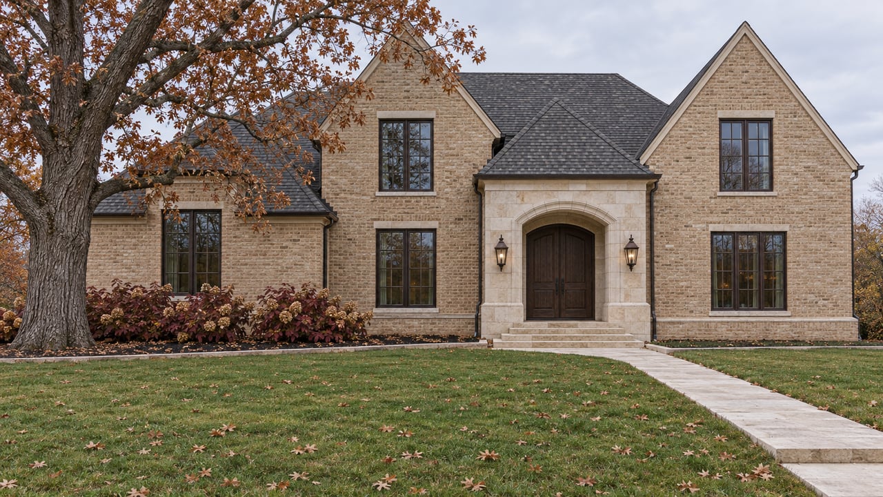 Warm buff brick home with steep gables and a recessed limestone entrance beyond a broad autumn lawn and mature oak.