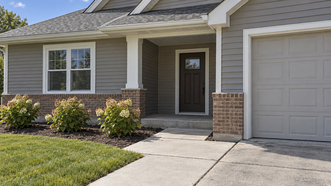 Taupe-sided suburban house with a recessed brown entry, white-framed window, partial garage, and diagonal concrete walk.