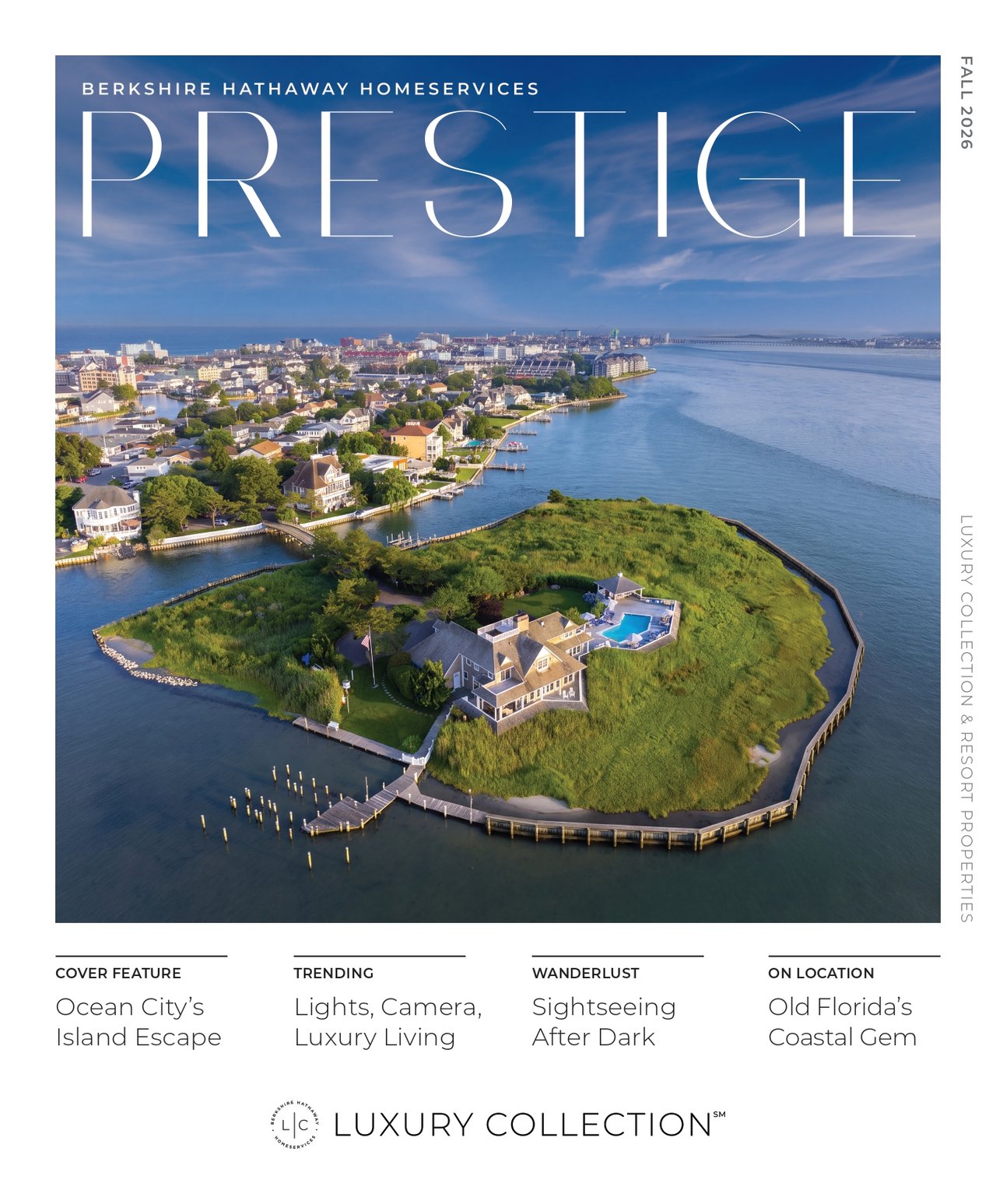 Berkshire Hathaway HomeServices Prestige magazine cover featuring an aerial view of a waterfront island property.