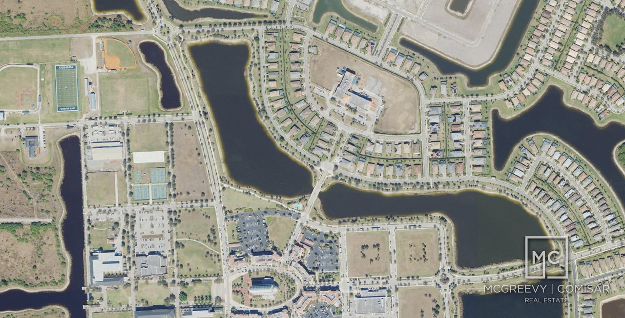 Aerial view of Avalon Park in Ave Maria, Florida, with its lakes and streets beside the town center