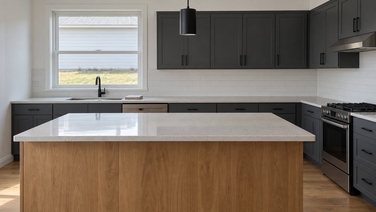 Bright kitchen with charcoal Shaker cabinets, a warm oak island, pale quartz counters, and daylight through a closed window.