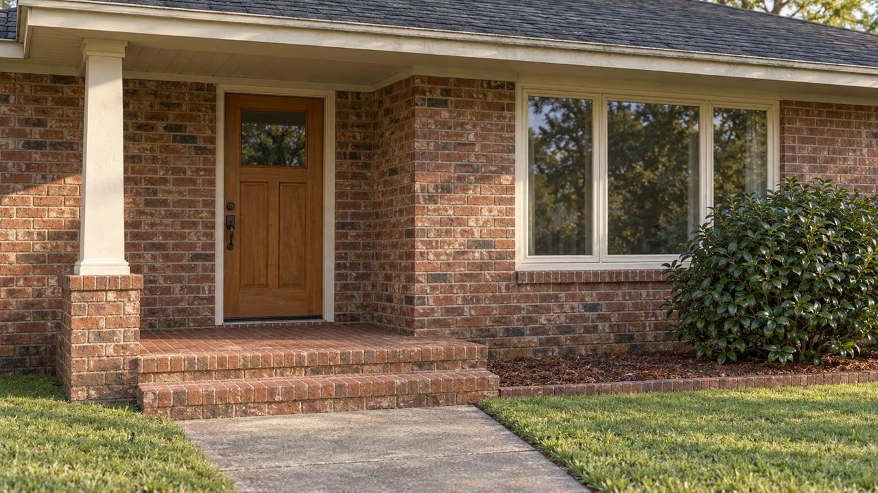 Warm morning light across the brick porch, wood front door, and broad window of a maintained single-story home.