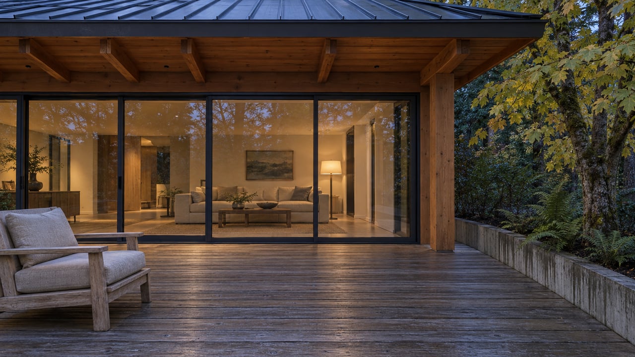 Timber-eaved home with glowing glass doors, weathered cedar deck and a maple beside a concrete-edged planting bed at dusk.