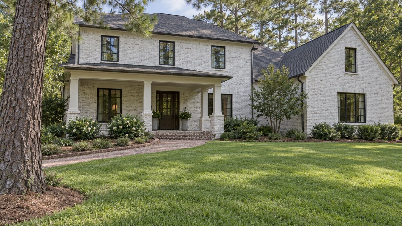 White-brick two-story house with a curving brick walk across a broad lawn beneath a pine canopy.