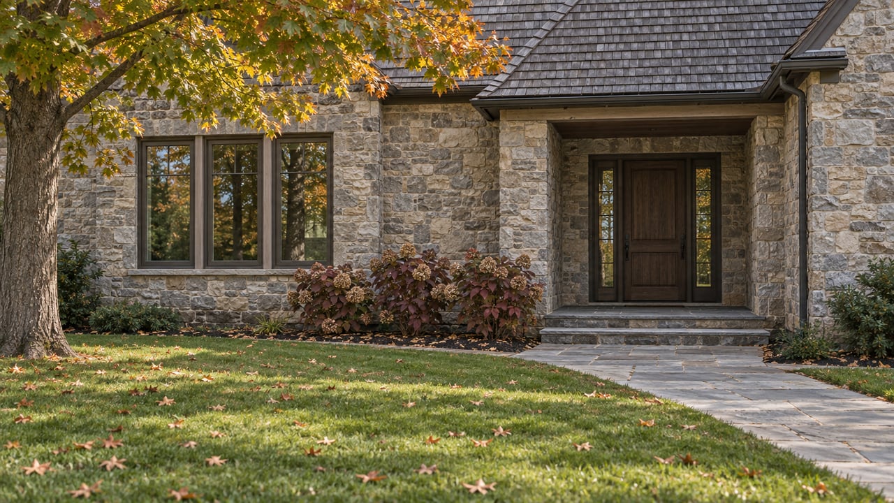 Autumn estate entrance with gray-brown limestone, weathered cedar roofing, a bluestone approach and amber maple foliage.