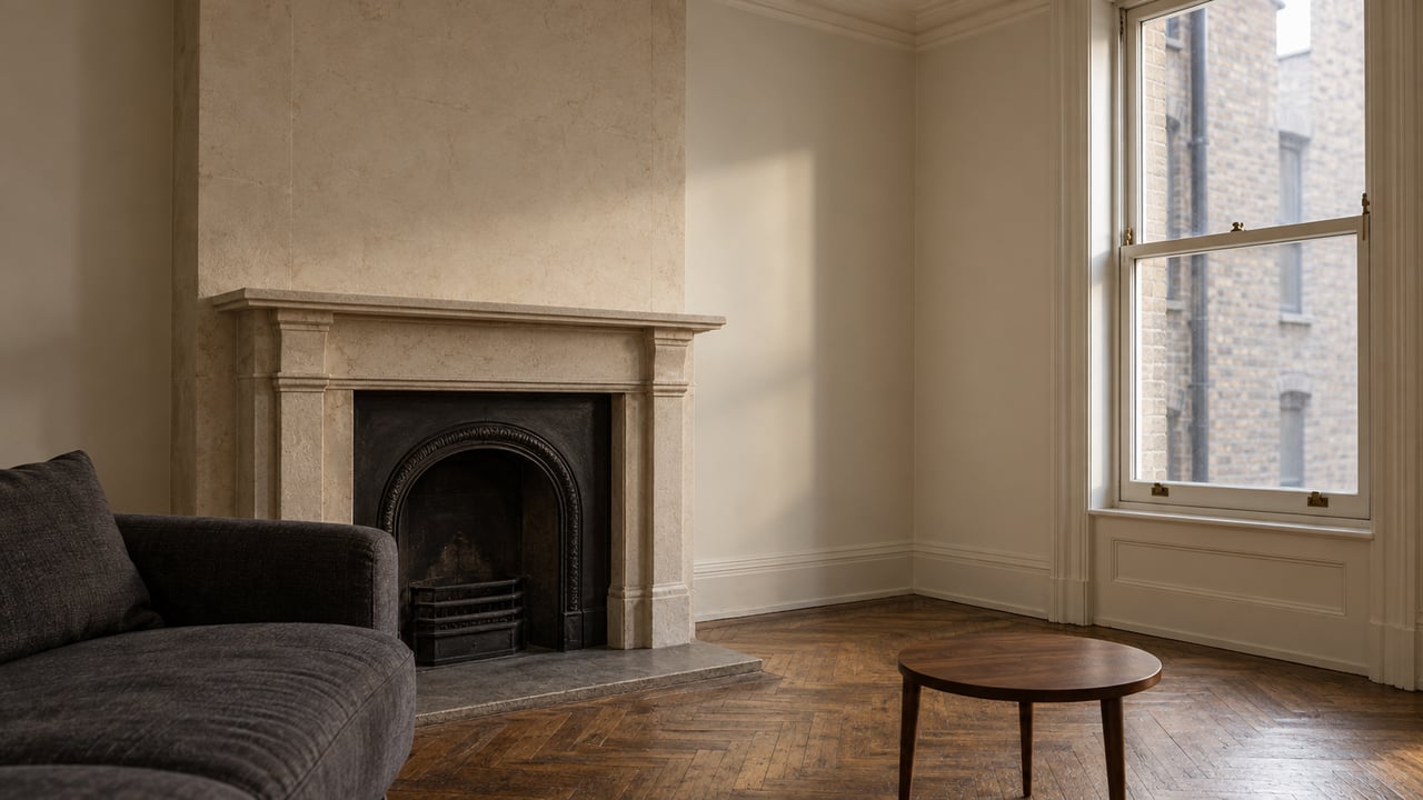 Prewar sitting room with a limestone fireplace, charcoal sofa, oak parquet, and tall glazed window.