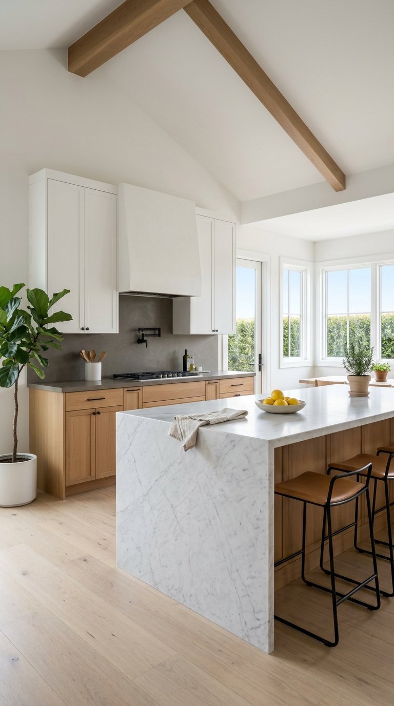 Bright kitchen with a waterfall marble island, oak lower cabinets, and exposed ceiling beams.