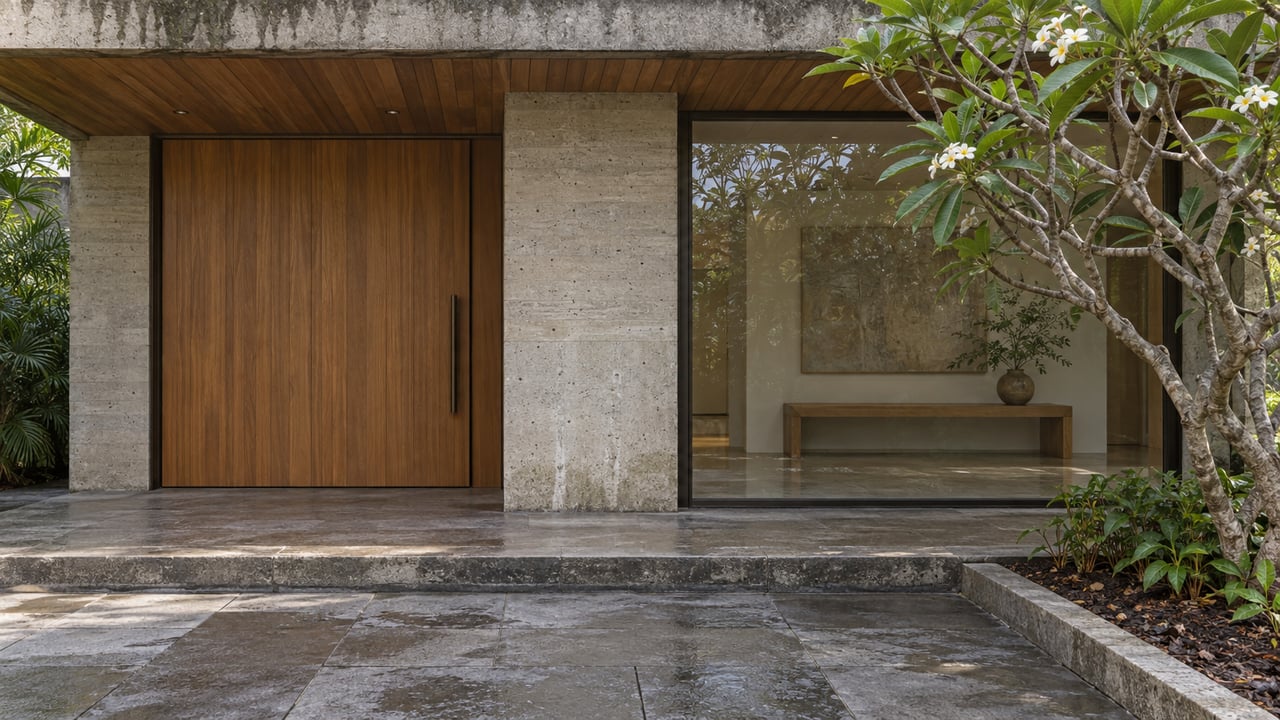 Sheltered teak entry and bronze-framed glass beneath a concrete overhang, beside a flowering frangipani tree and rain-darkened stone paving.