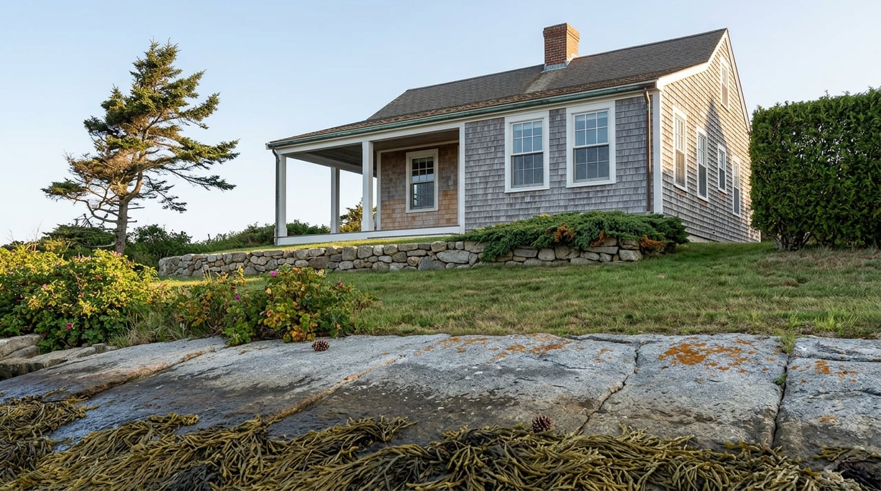 Shingle-sided cottage above a granite shoreline strewn with rockweed, framed by a wind-shaped spruce and hedge.