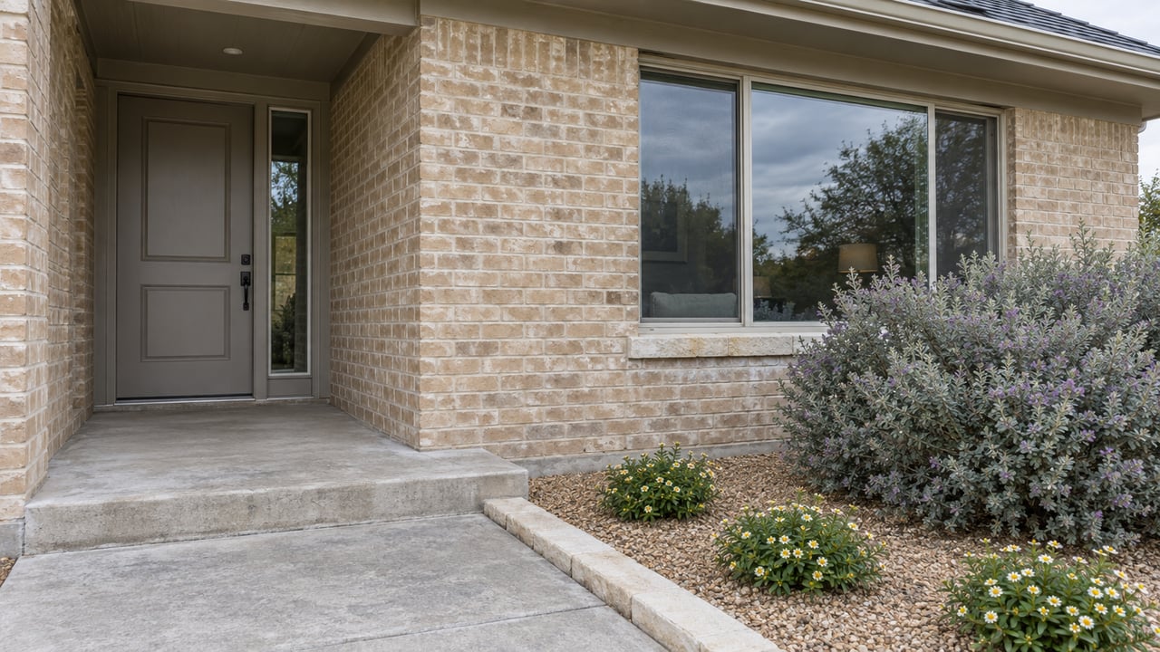 Buff brick house facade with recessed gray entry, large window, concrete porch, and silver-leaved planting.