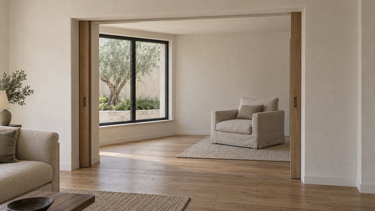Oak pocket doors frame a quiet sitting room with ivory plaster, a linen armchair, and a black-framed window overlooking an olive tree.