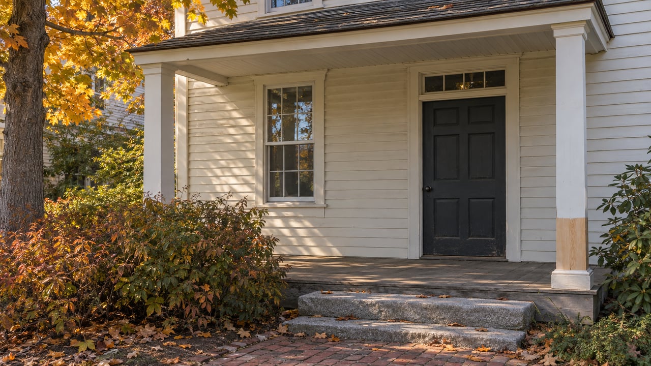 Historic house porch with a worn plank deck, granite steps, and a repaired column beneath amber autumn leaves.
