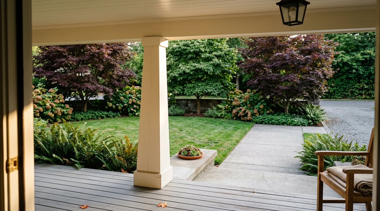 Covered porch with a white column, black lantern, wood steps, and green lawn.