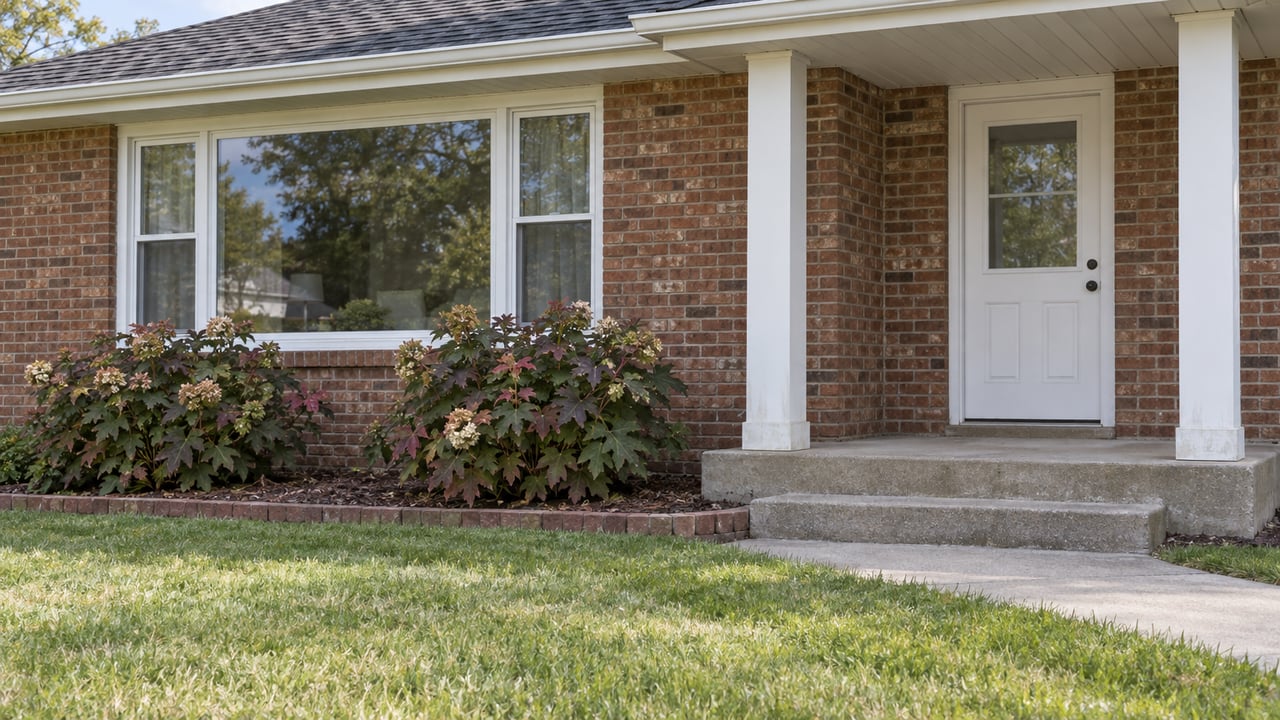 Brick home with a small white-post porch, picture window, concrete front walk and oakleaf hydrangeas beside a mowed lawn.
