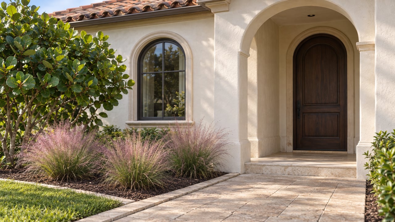 Cream stucco home entrance beneath an arcade, with a dark oak door, arched window, and paver walk.