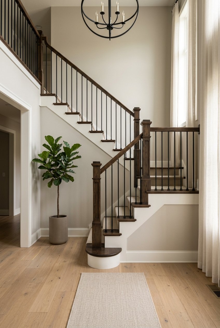 Transitional double-height foyer with a grand staircase.