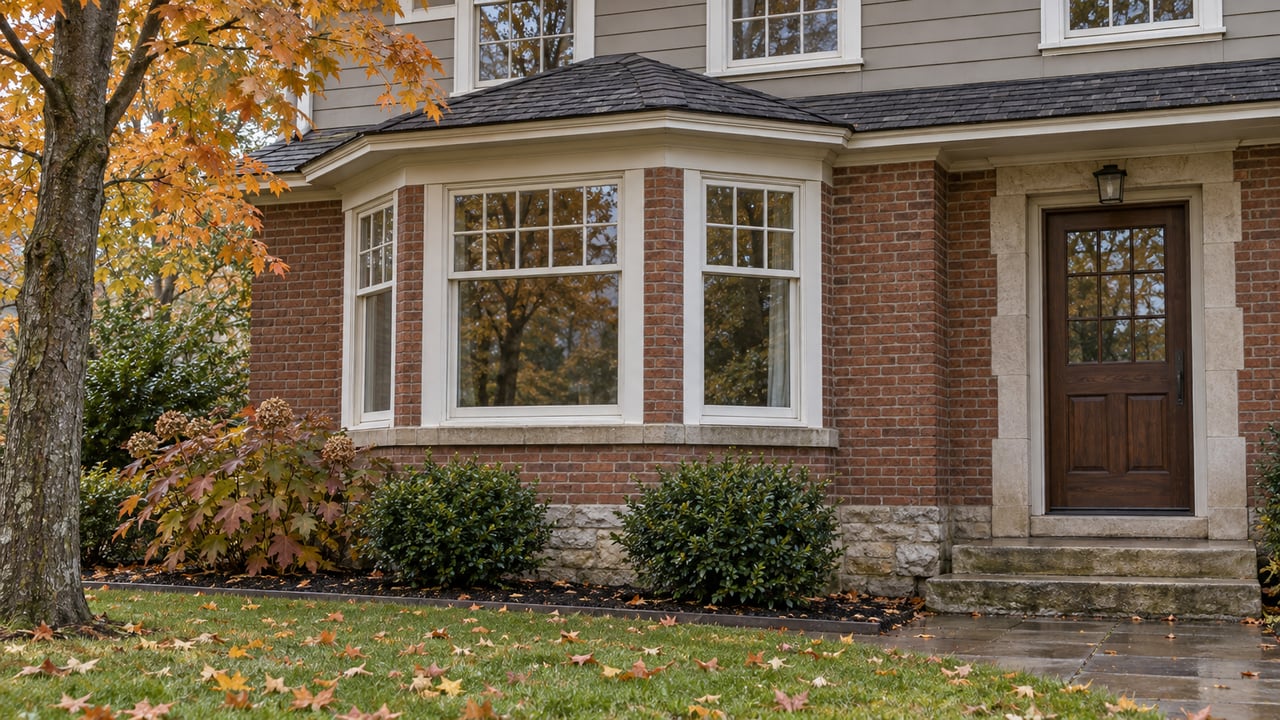 Red-brown brick home with white divided-pane bay windows, a recessed entry, and russet autumn planting beside a rain-darkened walk.