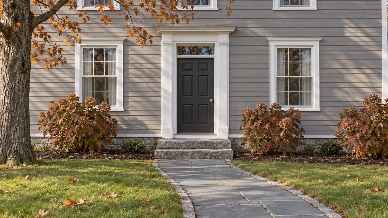 Gray clapboard home with white-trimmed windows, a charcoal front door, and a bluestone approach bordered by autumn lawn and russet hydrangeas.