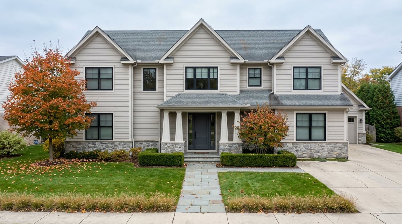 Two-story gray suburban home with a gabled facade, stone base, black-framed windows, and orange-red maple trees.
