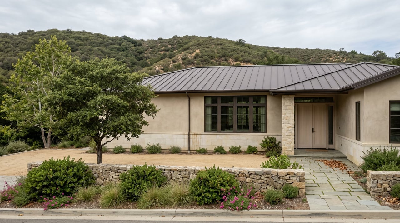 Hillside home with a dark metal roof, stone-and-plaster facade, oak canopy, and native garden.