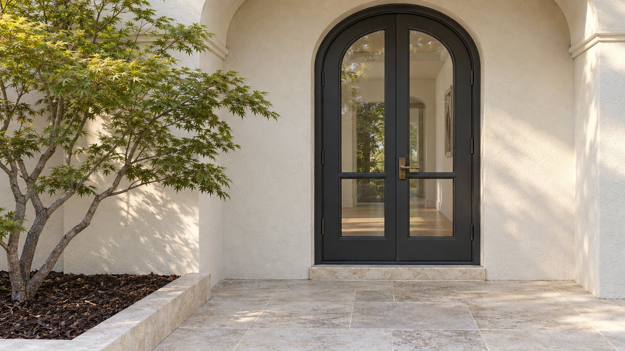 Morning light on a white stucco entry with an arched glazed door, limestone landing and a Japanese maple.