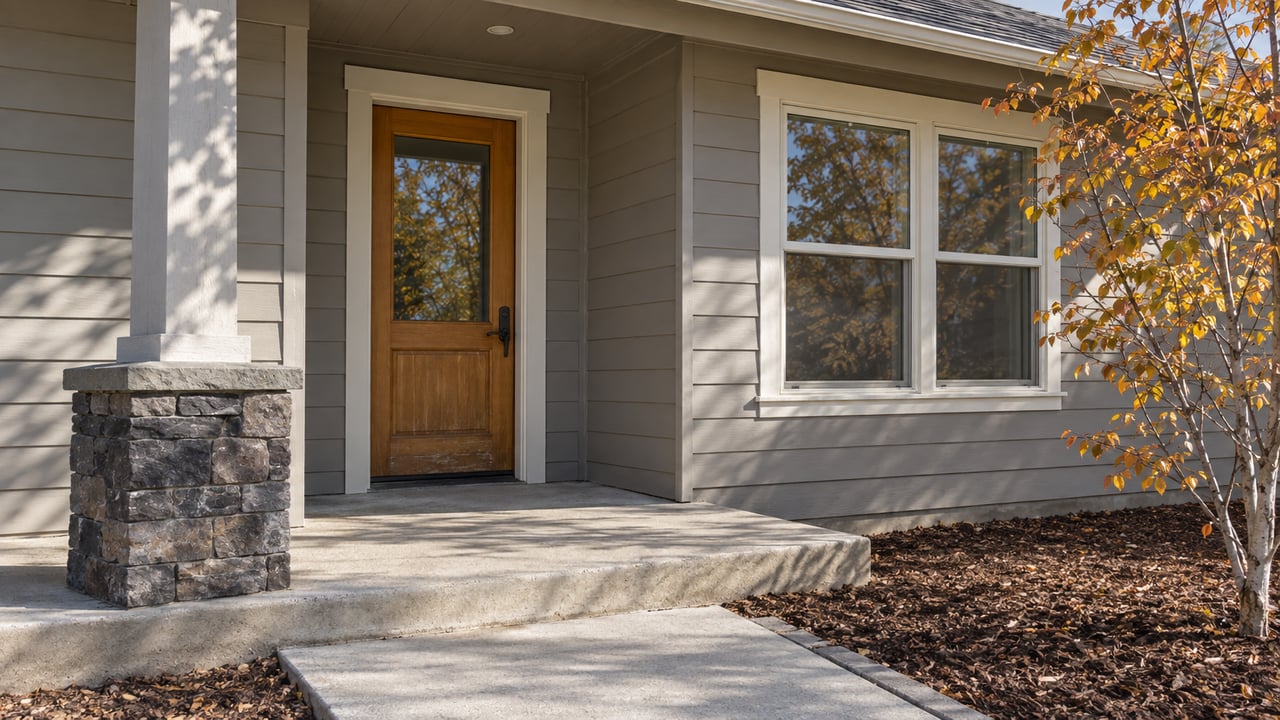 Close view of a gray-sided home's covered entry, fir door, paired window, basalt porch pier and amber serviceberry leaves.