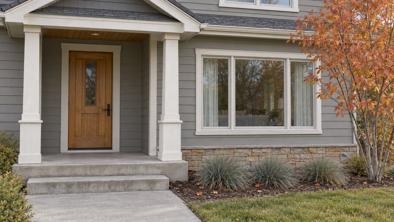 Gray lap-sided home with a covered wood entry, broad window, concrete steps and copper-colored serviceberry leaves.
