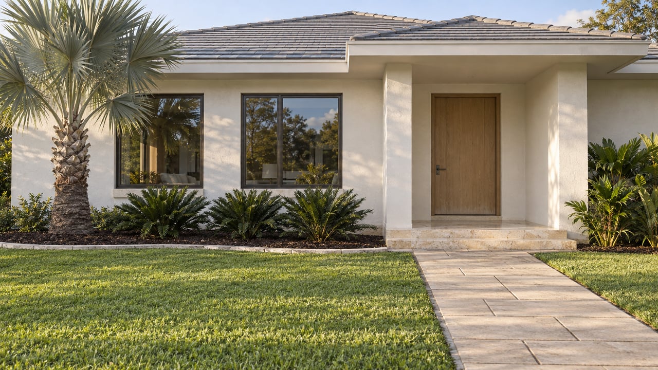 Sunlit single-story stucco home with a low tiled roof, bronze-framed windows, a shaded wood entry and a paver approach across a lawn.