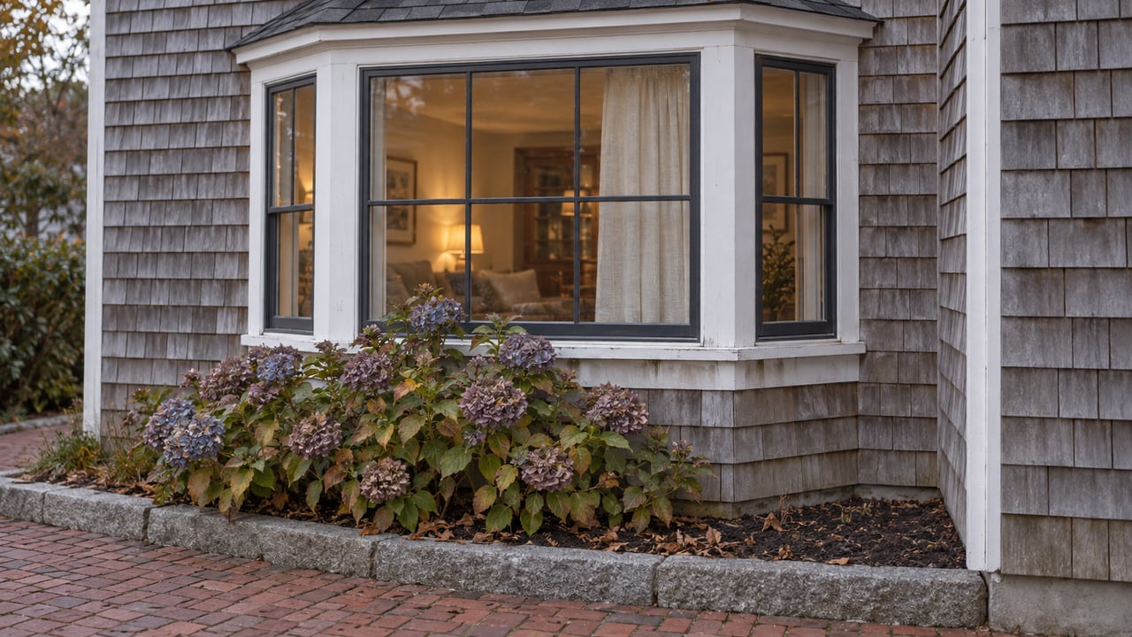 Three-sided bay window in weathered gray shingles above a brick path and autumn hydrangea.