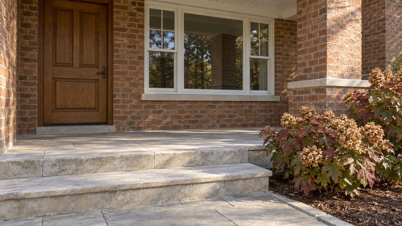 Russet brick home entry with an oak door, white-trimmed window, worn limestone steps and autumn oakleaf hydrangeas.