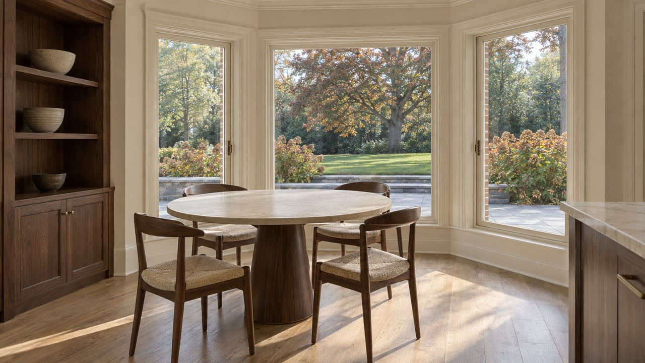 Morning light crosses a limestone breakfast table in an enclosed room with walnut cabinetry and garden-facing windows.