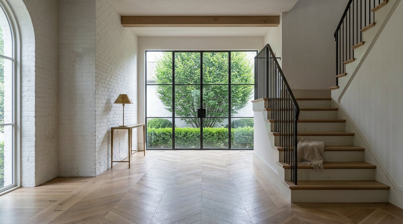 Oak-floored entry hall with a staircase, painted brick wall, and glass doors framing a hornbeam tree.