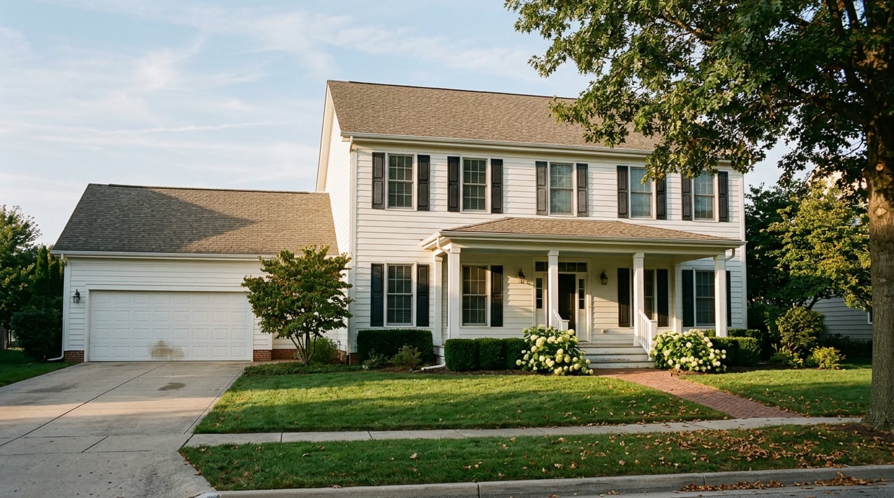 Two-story white-sided home with a covered porch, brick walkway, deep lawn, and mature oak tree.