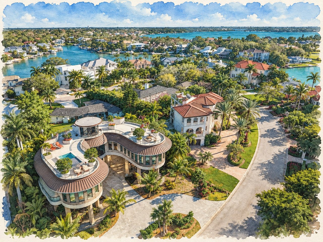 Watercolor aerial of Harbor Acres waterfront homes, canals, palm trees, and a modern terraced residence.