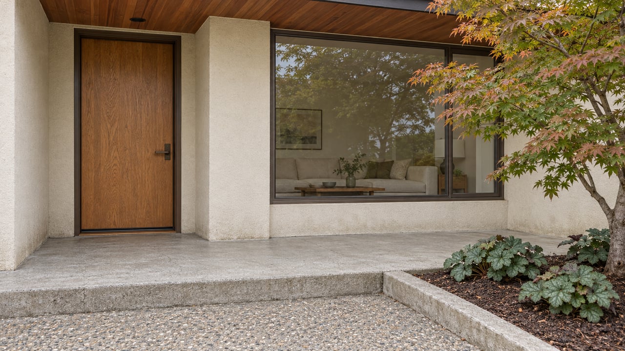 Sheltered timber front door and bronze-framed window beside a small autumn maple, with a worn concrete step and aggregate approach.